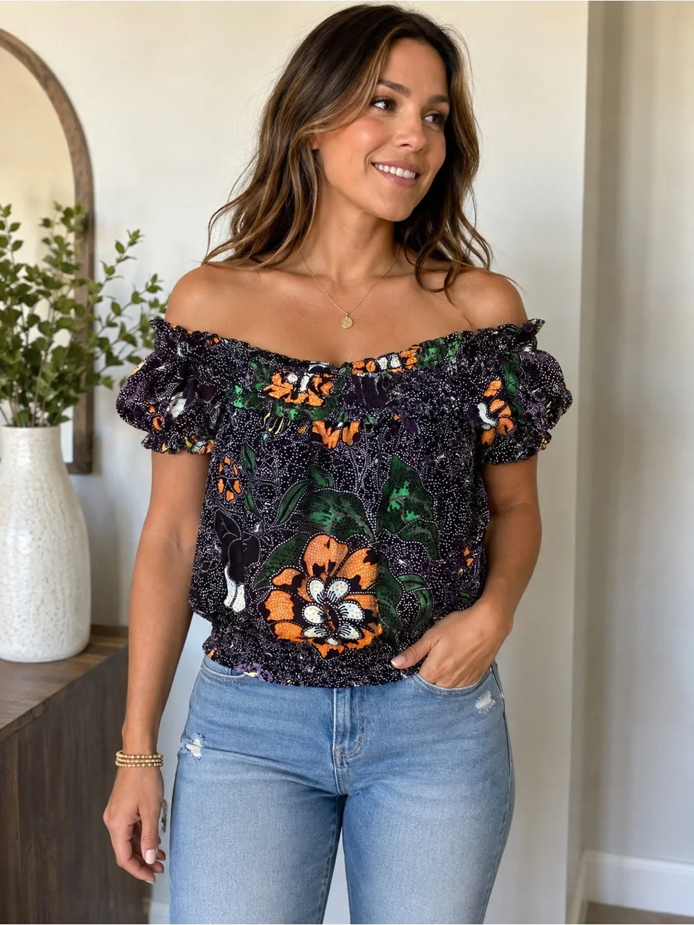 Free People FP One Suki Floral Printed Off-The-Shoulder Smocked Blouse XS
